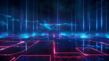 Futuristic neon landscape with glowing lines and a dark atmosphere, ideal for technology and sci-fi concepts. Stage for product presentation.