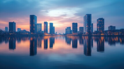 Obraz premium Dazzling Dusk Modern City Skyline Reflection in Calm Waters