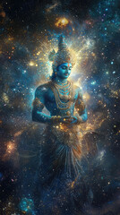 Fototapeta premium Lord Vishnu in cosmic form, surrounded by vibrant galaxy, radiates divine energy and tranquility. His blue skin and ornate attire symbolize protection and preservation in universe