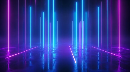 Futuristic neon lights create a vibrant and dynamic atmosphere, illuminating a sleek reflective surface with colorful beams. Stage for product presentation.