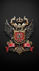 Obraz premium image features detailed and ornate family crest, showcasing symbols of power and nobility. design includes lion, wings, and crowns, all set against dark background, evoking sense of grandeur and heri