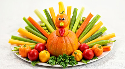 Creative vegetable platter arranged Thanksgiving turkey made from vegetables.