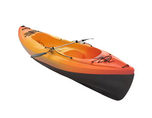 A vibrant orange and yellow kayak ready for summer adventures on serene waters
