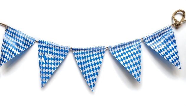 Classic Oktoberfest Garland - a garland of triangular flags featuring a blue and white checkered pattern - traditional Bavarian colors. Graphic artwork illustration