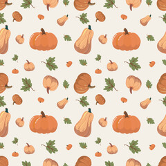 Seamless pattern autumn with pumpkins, gourds, and leaves in warm tones on a light background