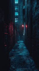 Fototapeta premium A shadowy alleyway illuminated by dim red lights creates mysterious atmosphere, perfect for an underworld meeting. wet cobblestones reflect eerie glow, enhancing scenes intrigue