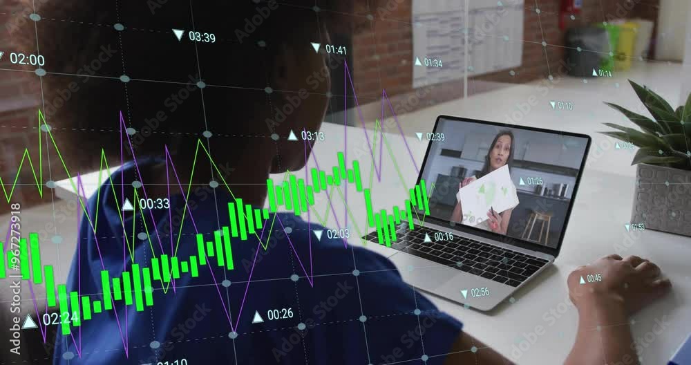 Poster Animation of financial data processing over african american businesswoman having video call