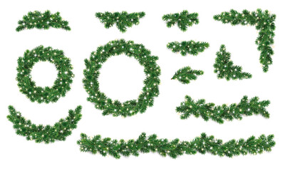 Christmas tree decoration on transparent background. Holiday fir tree garland, festive corner, Christmas wreath. Winter season frame, realistic spruce branch with Christmas lights and glow. Vector.