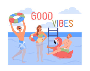 People in swimming pool. Men and women in swimsuits swim in water. Tourists in tropical and exotic country. Relax and recreation. Flat vector illustration