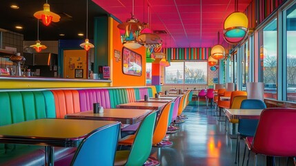 A colorful diner setting with chrome finishes and bright neon lights, diner setting, mid-century modern