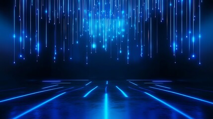 Stunning blue light beams create an immersive atmosphere, perfect for futuristic events, performances, and digital backgrounds. Stage for product presentation.