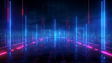 Fototapeta premium Stunning digital landscape with glowing neon lines, creating a futuristic atmosphere for technology and design themes. Stage for product presentation.