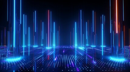 Vibrant abstract background featuring luminous vertical lines and dots creating a futuristic digital landscape. Stage for product presentation.