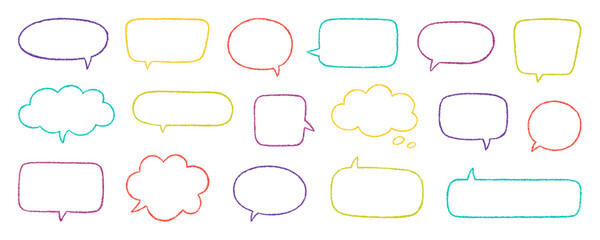Chalk pencil speech bubbles doodle set. Crayon communication frame, comic talk balloon in sketch style, Grunge texture. Hand drawn vector illustration isolated on white background