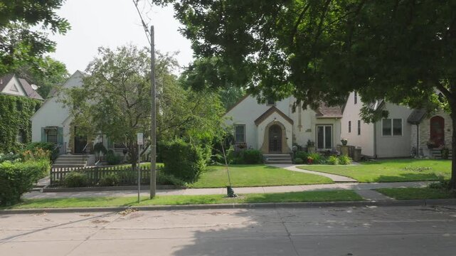 Aerial view capturing old residential homes in Minneapolis suburb neighborhood in USA.
