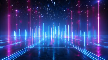 Vibrant abstract digital landscape with neon lights and glowing particles creating a futuristic and dynamic atmosphere. Stage for product presentation.