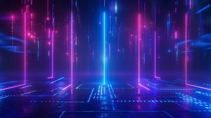 Obraz premium Vibrant digital background featuring neon lights and lines, perfect for futuristic themes and technology concepts. Stage for product presentation.