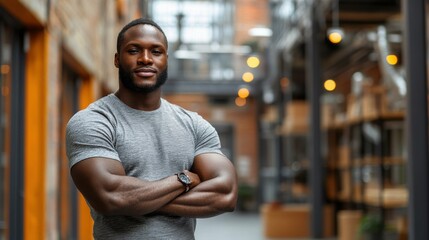 Obraz premium A man with a black beard and a grey shirt is standing in a hallway. He is wearing a watch and has his arms crossed
