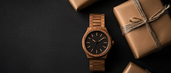 A custom engraved wooden watch with intricate details is elegantly displayed alongside beautifully wrapped gifts, creating perfect gift giving atmosphere
