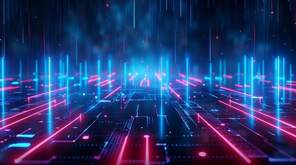 Fototapeta premium Vibrant digital landscape featuring abstract patterns of glowing blue and pink lines, creating a futuristic atmosphere. Stage for product presentation.