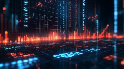 A stock market graph on a digital screen, with a dark blue background and white numbers