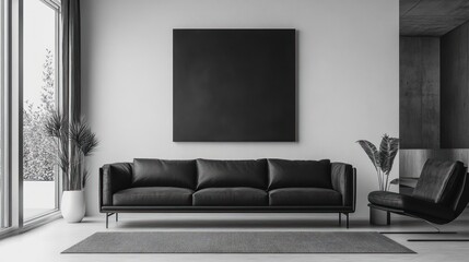 Minimalist Living Room Interior with Black Sofa, Armchair, and Blank Canvas