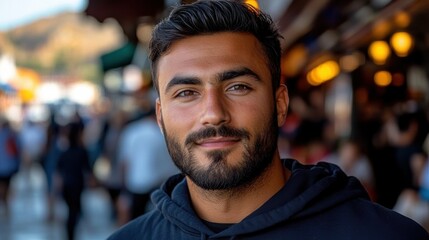 Fototapeta premium A man with a beard and glasses is smiling at the camera. He is wearing a black hoodie and is standing in a busy street