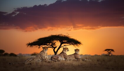 Beautiful cheetah pair resting under an acacia tree