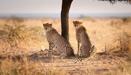 Beautiful cheetah pair resting under an acacia tree