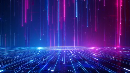 Vibrant digital landscape with glowing lines and beams of light in shades of blue and pink, creating a futuristic atmosphere. Stage for product presentation.