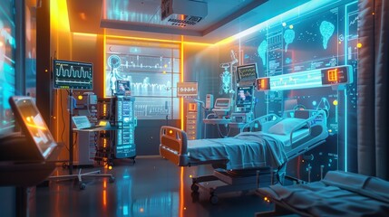 Visualization of a virtual hospital room integrating AI data interpretation from medical equipment and imaging technology