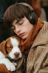 teenager with headphones asleep next to his puppy in winter clothes, warmth, peace, relaxation, tranquility, love, care, protection,