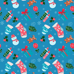 Christmas seamless pattern with elements cookies, gift bag, candy, candles, sweater, viburnum, snowman, cup of hot tea. Hand drawn, vector