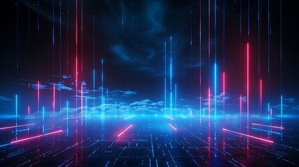 Obraz premium Vibrant futuristic landscape with glowing blue and red neon lines, creating a digital atmosphere of technology and innovation. Stage for product presentation.