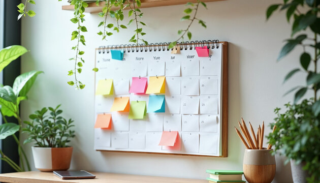 A calendar for the month hangs on the wall