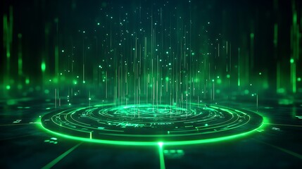 Fototapeta premium Vibrant green digital landscape with glowing particles, symbolizing technology and innovation in a futuristic environment. Stage for product presentation.