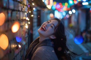 Obraz premium Joyful korean girl screams delight and enthusiasm. Beautiful korean woman face gleefully expressing joy and surprise. Reflects vivacious spirit and beauty of gleeful expression.