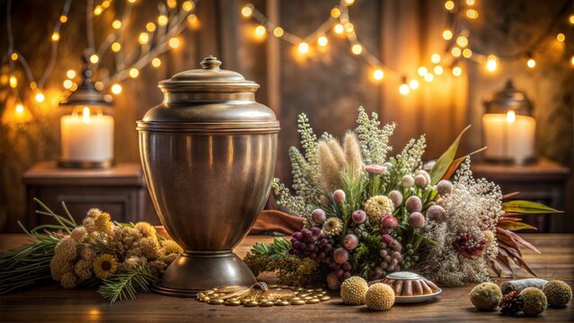 Elegant memorial setup with an urn, flowers, and candles in a warm ambiance
