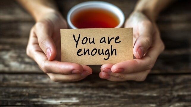 Hand holding card with You are enough message, self-love, mental health awareness, motivation, personal growth, positive affirmation concept.