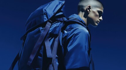 Obraz premium A man wearing a blue shirt and a blue backpack is standing in front of a blue sky. Concept of adventure and exploration, as the man is likely preparing for a journey or outdoor activity