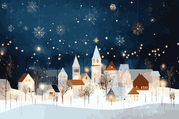 A charming winter village scene, illuminated by warm lights against a starry night sky, adorned with delicate snowflakes, creating a magical holiday atmosphere