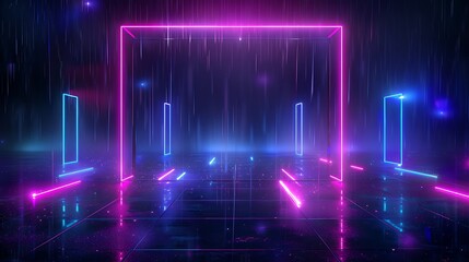 Fototapeta premium Vibrant neon lights illuminate a futuristic space, creating a mesmerizing atmosphere, perfect for technology-themed projects. Stage for product presentation.