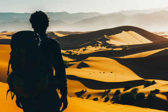 Traveler's Silhouette Overlooking Vast Sand Dunes &ndash; Side Lighting Enhances the Texture and Expansiveness of the Landscape, Capturing a Moment of Adventure and Inspiration