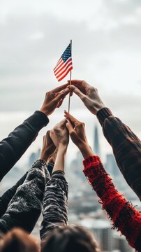 A group of diverse hands stretch upward, proudly holding an American flag, symbolizing unity and patriotism against a city skyline