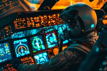 A futuristic cockpit illuminated by vibrant, neon displays, where a pilot readies for an adventure, navigating through advanced digital interfaces.