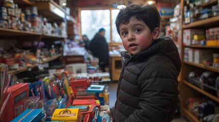 Family enjoys a second-hand shopping experience while child explores school supplies at a thrift store