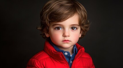 A young boy wearing a red jacket and blue shirt is looking at the camera. The image has a warm and friendly mood, as the boy appears to be smiling and looking directly at the viewer