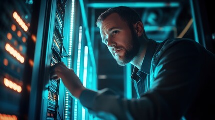 Focused technician managing a server rack in a high-tech data center with illuminated servers and dynamic lighting.
