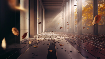 Obraz premium Futuristic architecture with autumn trees and piles of fallen leaves