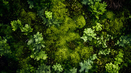 overhead view of green moss, with organic, flowing patterns and rich textures capturing the essence of natural growth in a forest
